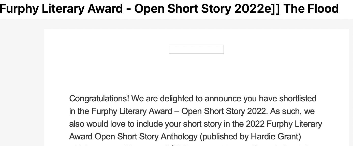 Snippet of email informing the author of Furphy Short Story shortlisting