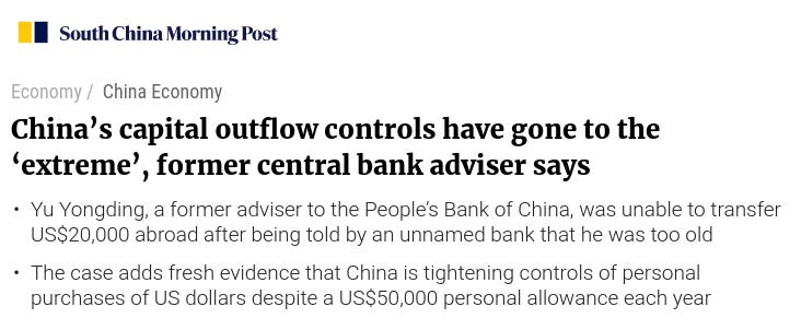 South China Morning Post headline on tight Chinese capital controls