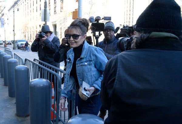 Sarah Palin arriving in court on Tuesday. She is expected to appeal the jury’s finding.