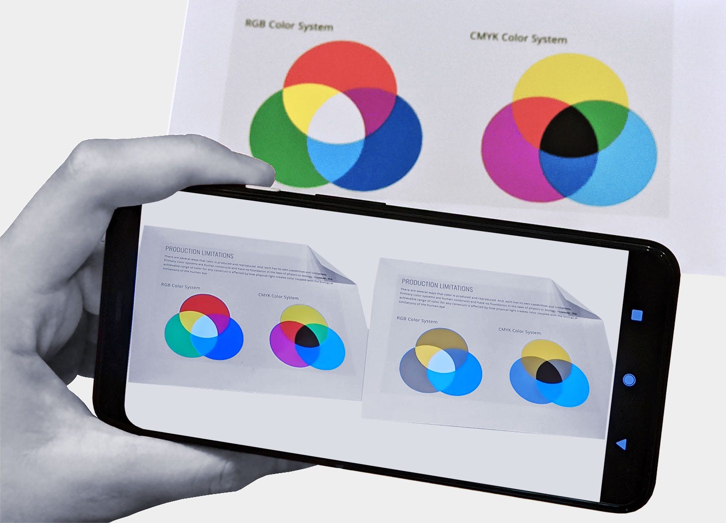 A hand holding a phone up to a piece of paper with a color wheel printed on it. The phone’s screen shows the color wheel as a color-blind person would see it.