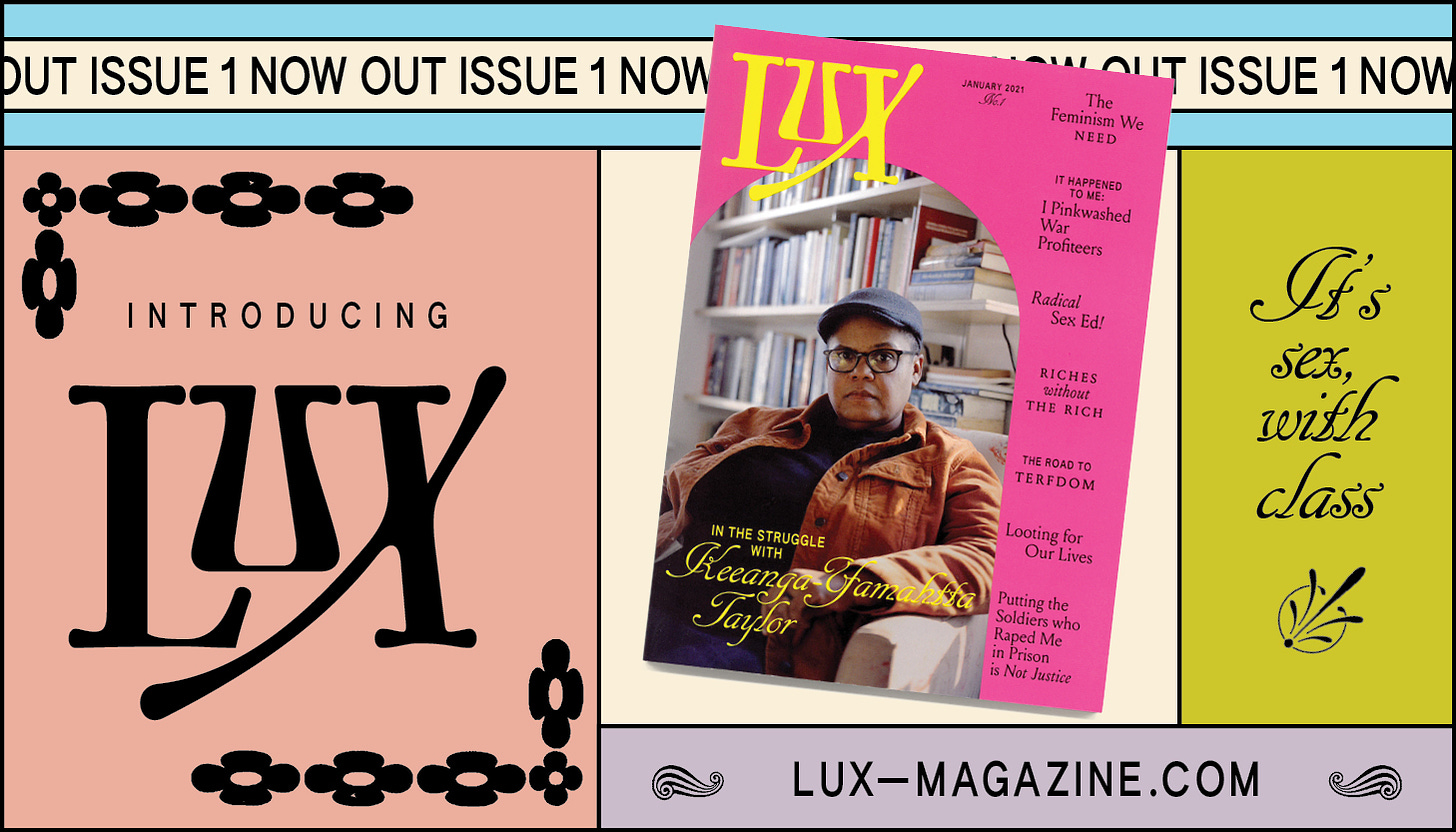 Ad for Lux Magazine that reads: Introducing Lux: it's sex, with class. Issue 1 now out at lux-magazine.com. 