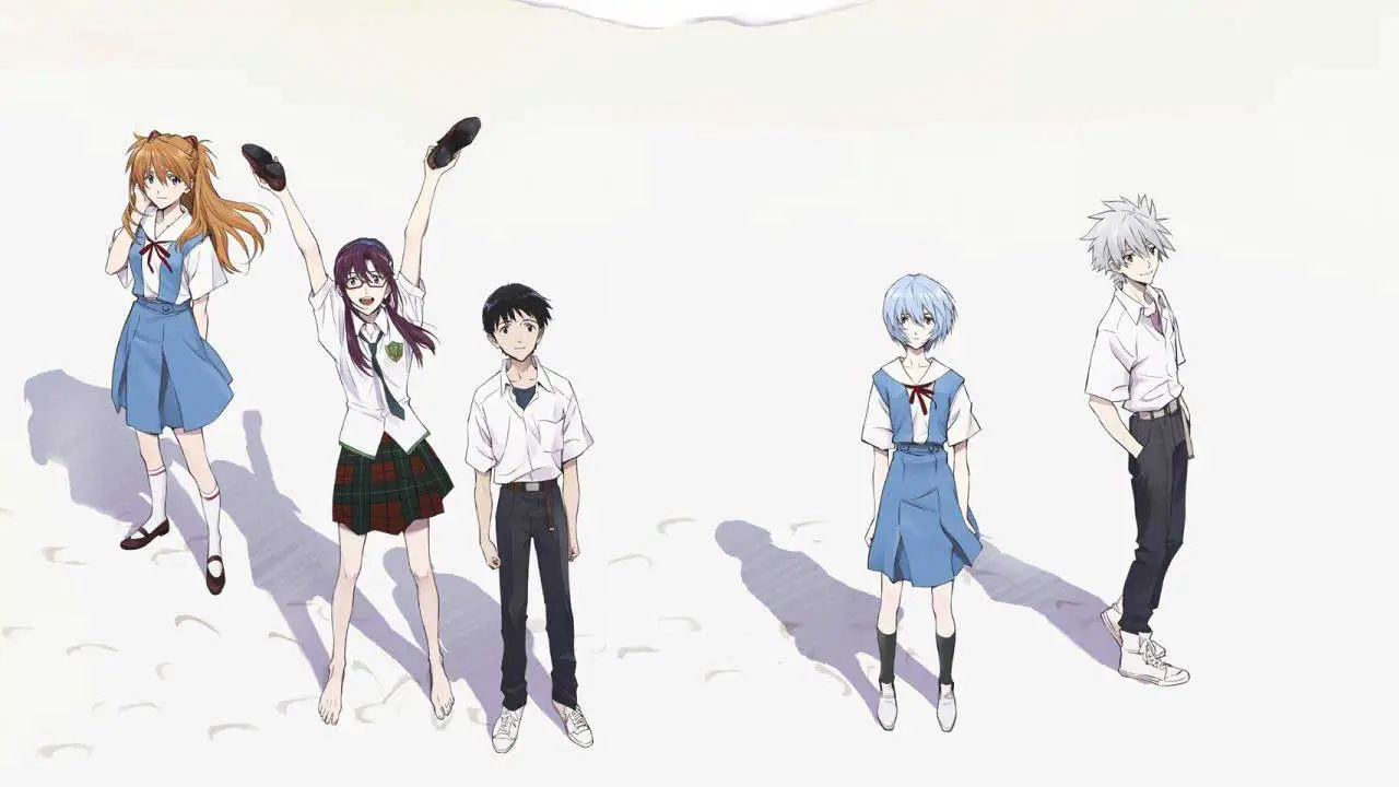 An image of Asuka, Mari, Shinji, Rei, and Kaworu from 3.0+1.0: Thrice Upon a Time