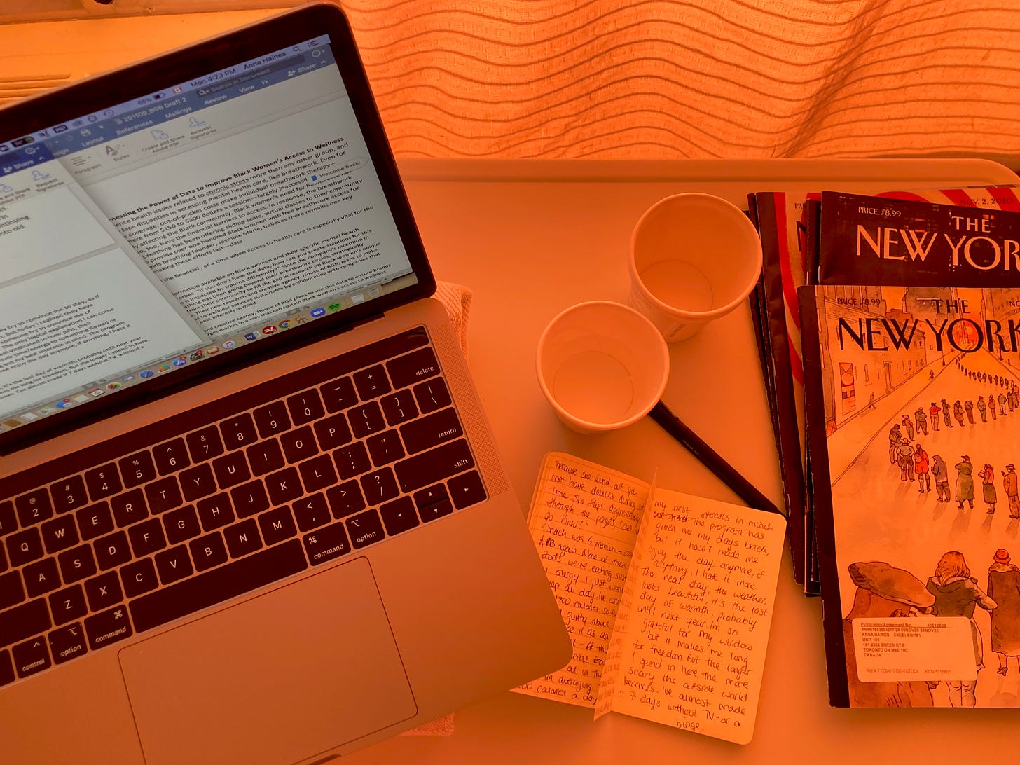 Aerial view of a laptop, two empty paper cups, an open journal and a stack of New Yorker magazines.