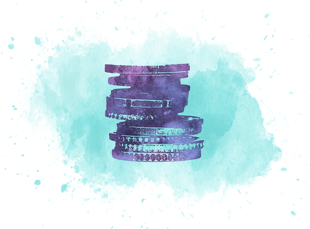 Stack of coins in front of a blue watercolor blotch.