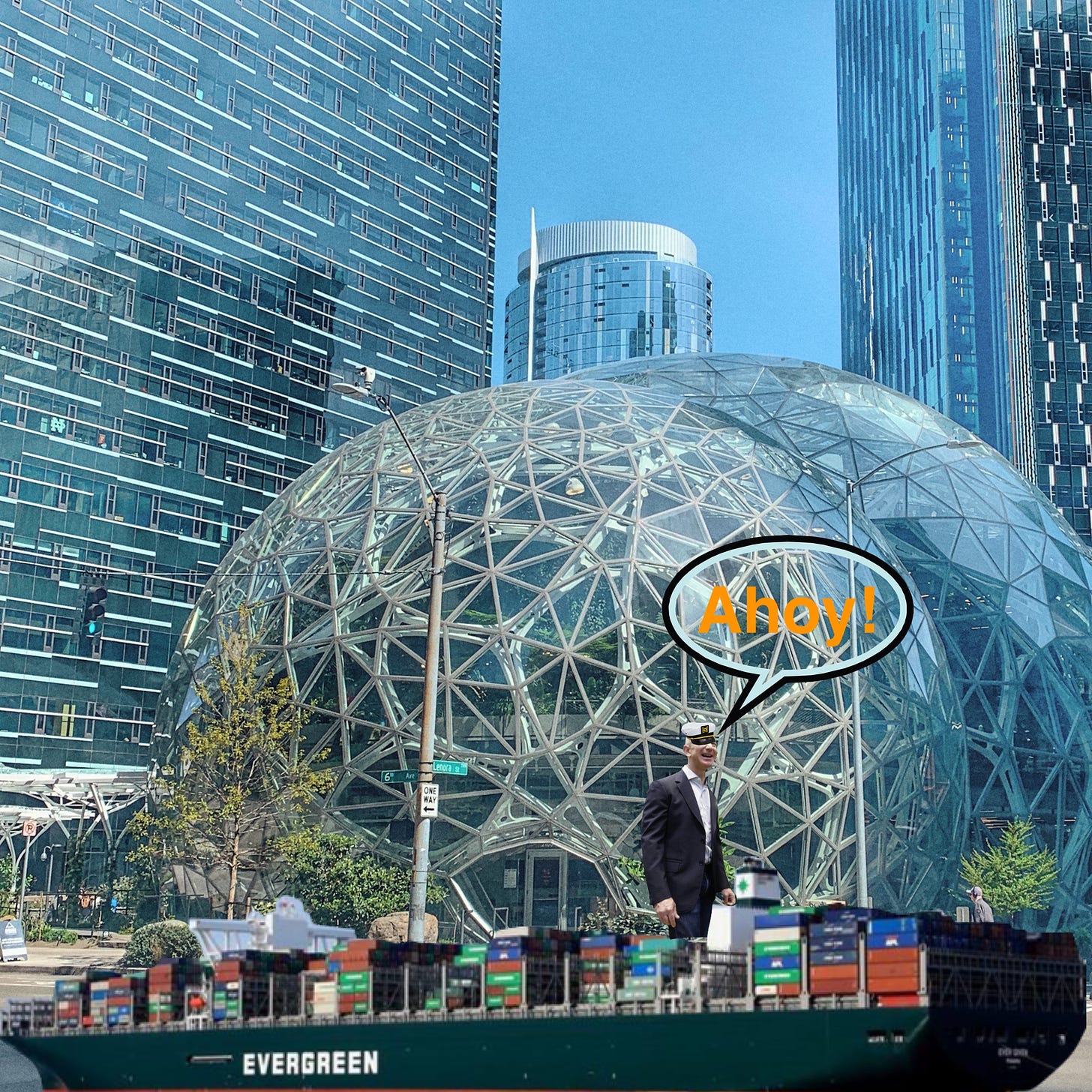 Meme of Jeff Bezos wearing a captain's hat with a speech bubble that says "Ahoy!" as he rides a cargo ship down the street in front of the Bezos Balls, a giant round glass terrarium in downtown Seattle