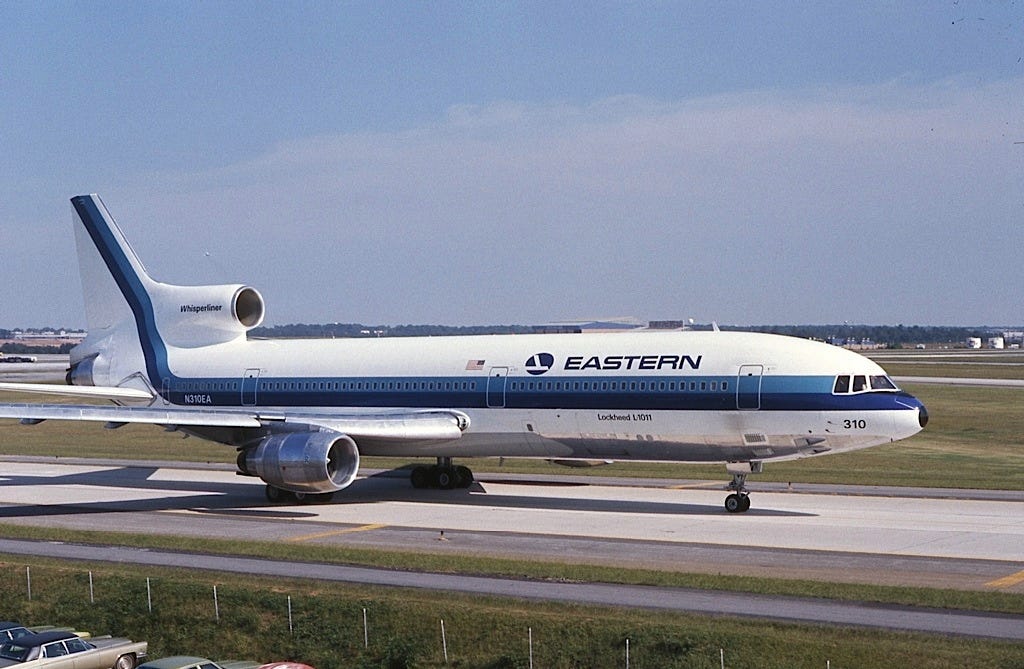 Eastern Air Lines tail number N310EA is shown on a runway in broad daylight before its crash of December 29, 1972. The plane was a Lockheed L-1011 TriStar.