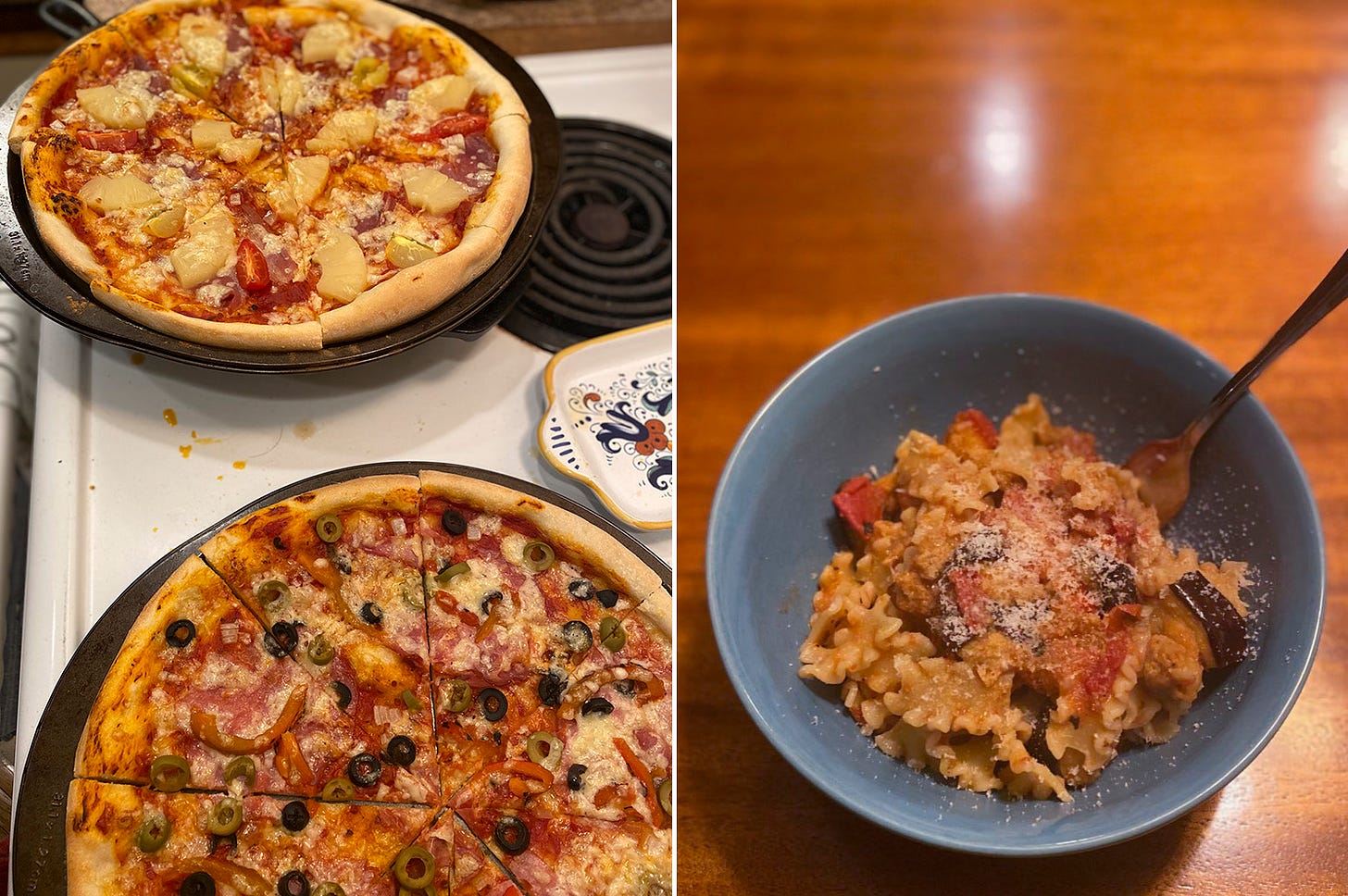 Left image: two pizzas in pans on top of the stove. One is pineapple and prosciutto with tomatoes, and the other is olive with roasted red pepper and capocollo. Right image: a blue bowl of mafalde noodles with pieces of eggplant and tomato visible in the sauce. Pecorino is dusted over top and a fork sticks out on the right of the bowl.
