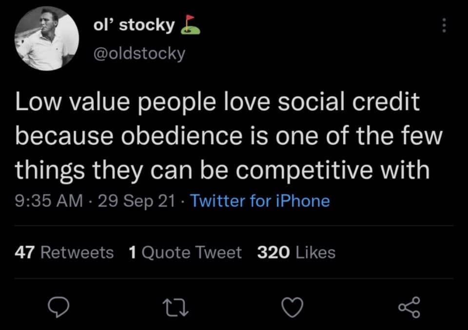 May be a Twitter screenshot of 1 person and text that says 'ol' stocky @oldstocky Low value people love social credit because obedience is one of the few things they can be competitive with 9:35AM 29Sep21 Twitter for iPhone 47 Retweets 1 Quote Tweet 320 Likes'