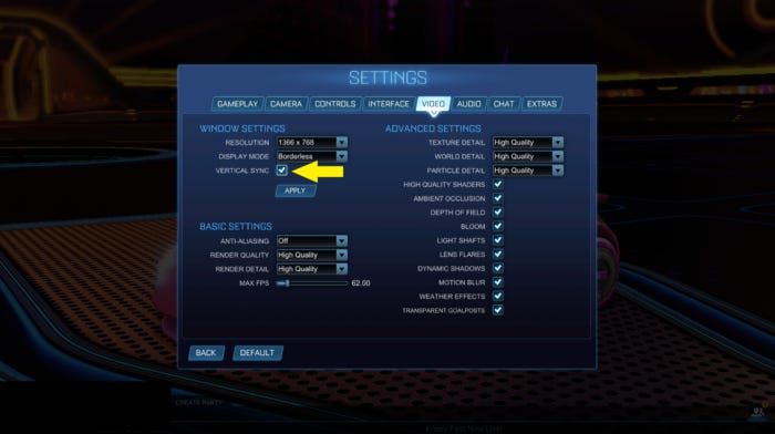 The settings menu of Rocket League. An arrow points to a checkbox labeled “Vertical Sync”, which is almost hidden among all of the other video options.
