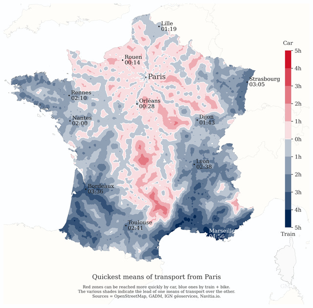 r/dataisbeautiful - [OC] Minimum travel time from Paris by train & bike and comparison to car