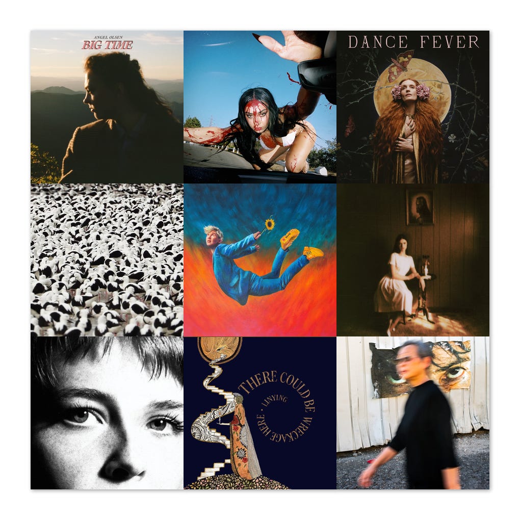big time, angel olsen; crash (deluxe), charli xcx; dance fever, florence + the machine; flood, stella donnelly; how to grow a sunflower underwater; preacher's daughter, ethel cain; surrender, maggie rogers; there could be wreckage here, linying; 2007, miya folick