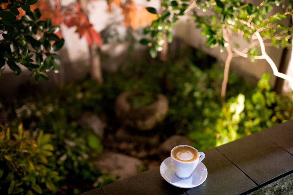 Cappuccino and lighting at WEEKENDERS Coffee in Kyoto, Japan. Note the little garden in the background (out of focus).