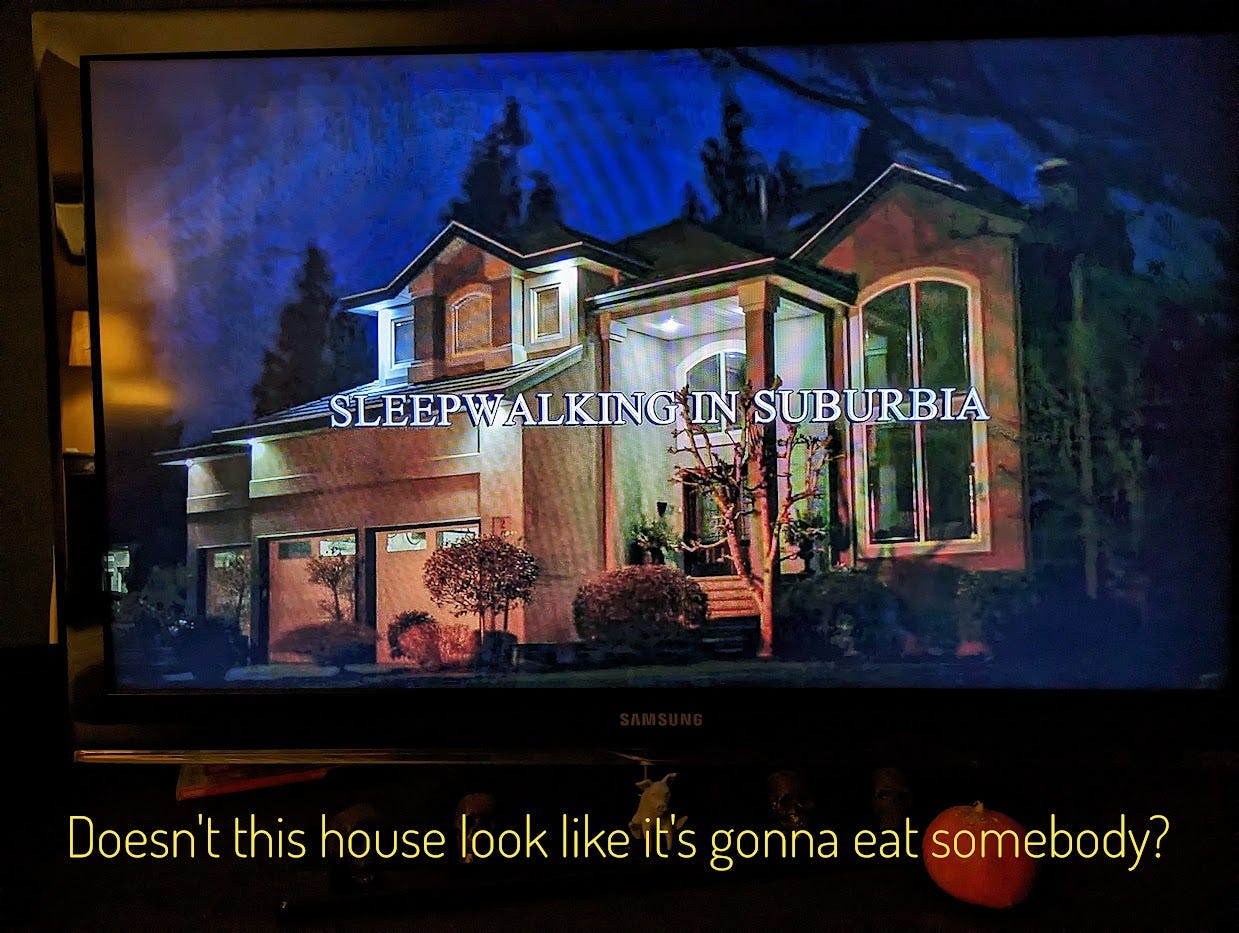 A huge ugly suburban house with tall weird windows and the title "SLEEPWALKING IN SUBURBIA." Captioned "Doesn't this house look like it's gonna eat somebody?"