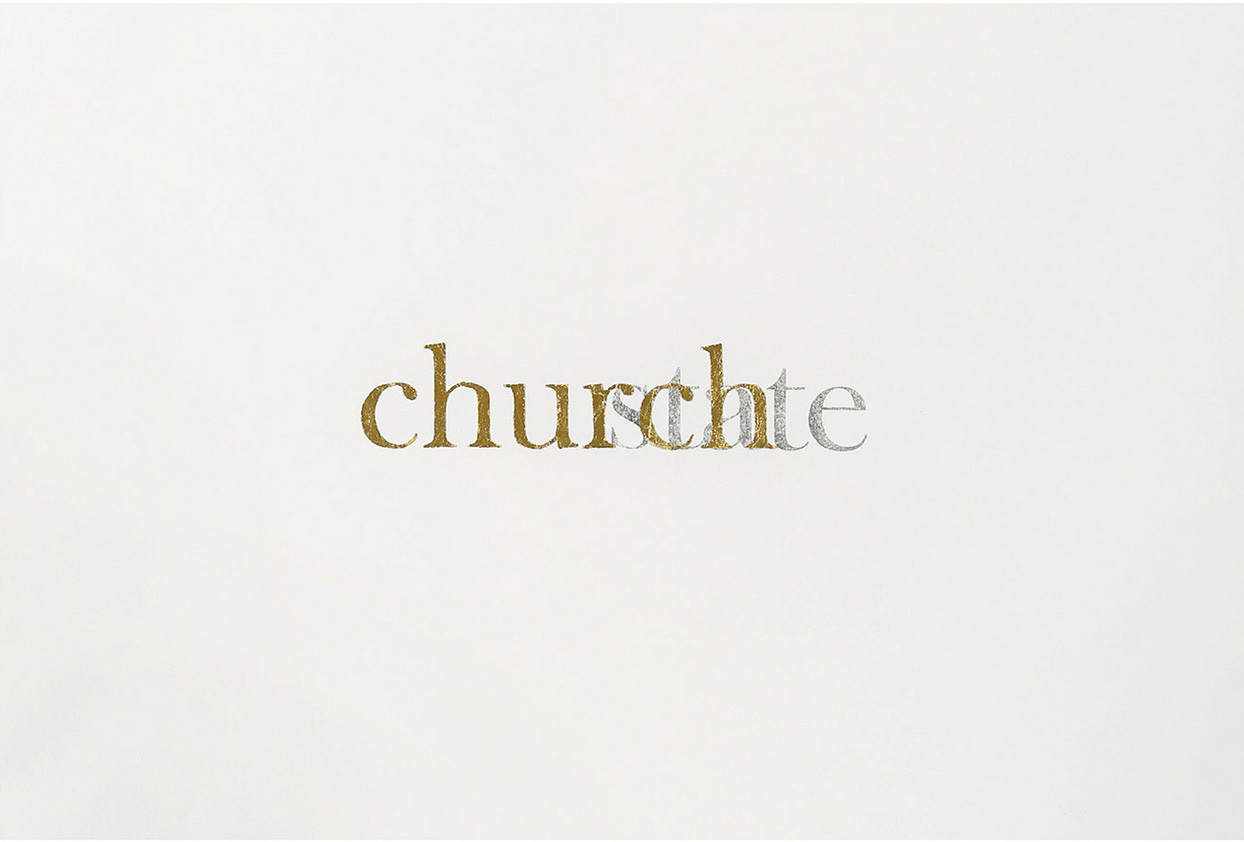 On a white piece of paper the word "church" is written in gold gilt letters. Overlapping them, so that both words are barely readable, is the word "state" written in silver metallic letters.