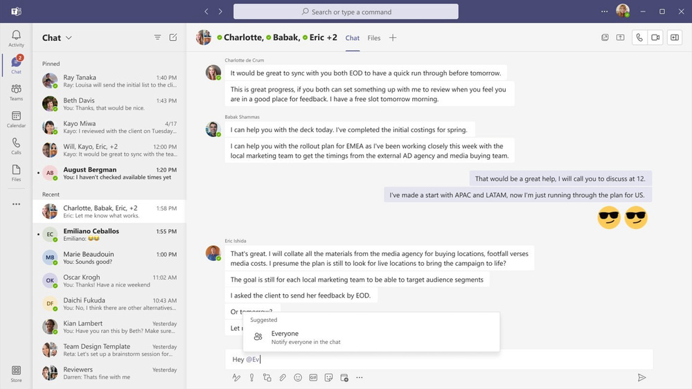 thumbnail image 21 of blog post titled 			 																													What's New in Microsoft Teams | Microsoft Ignite 2022																																Reach ‘everyone’ in a Teams chat by at-mentioning “Everyone” who is a part of the conversation.