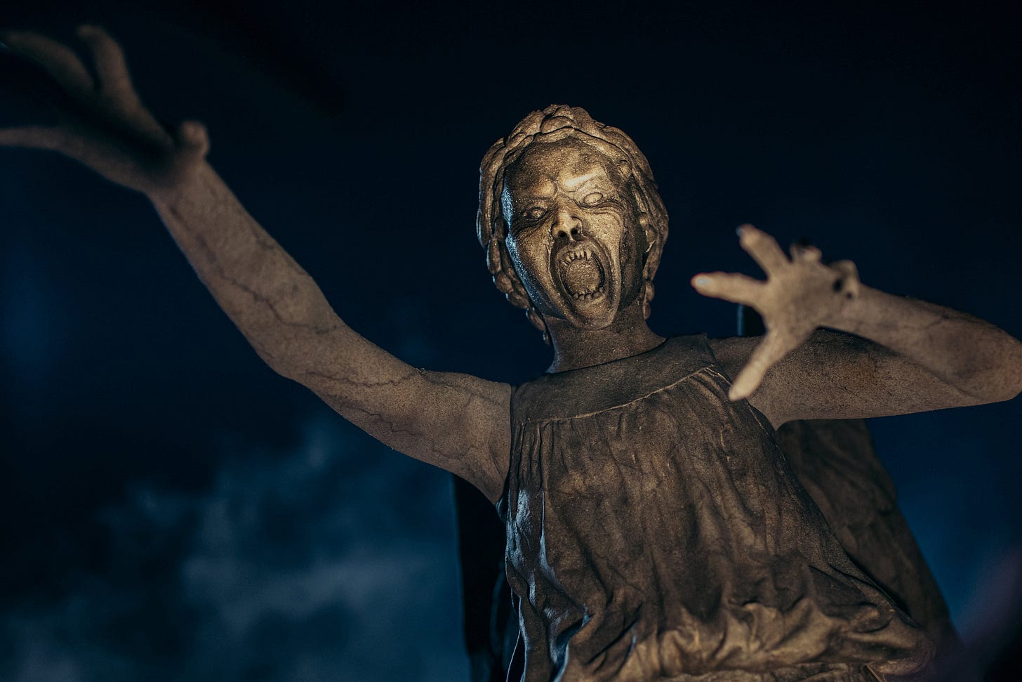 This image shows a single Weeping Angel as it attacks the camera's point of view (all while standing in a dark, foggy field in the village of Medderton, England in the year 1967).