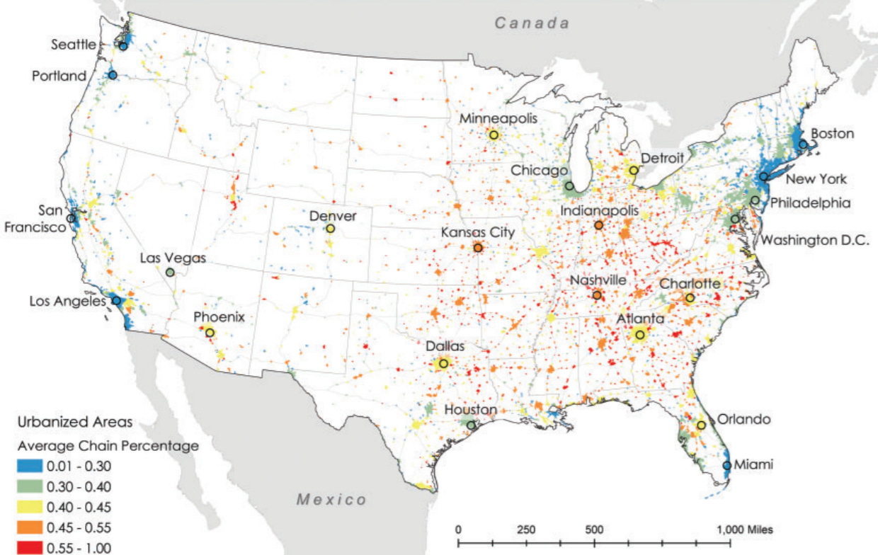 A map of the USA showing the average "channess" of their retail environment. Major Coastal cities all rank low, southern and midwestern cities rank high.