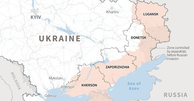 May be an image of map and text that says 'KYIV Kharkiv LUGANSK UKRAINE DONETSK Zonecontrolled by separatists before Russian invasion Mykolaiv ZAPORIZHZHIA MOLDOVA Kherson KHERSON Odessa Sea Seaof of Azov RUSSIA'