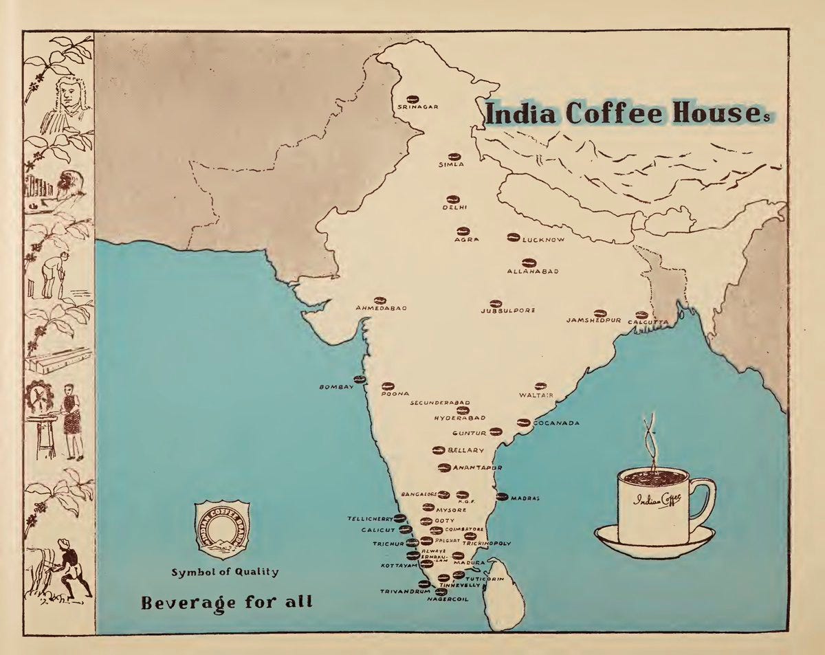 Cheri's tweet - "A map of Indian Coffee House locations in 1950. Have been  to all the ones in Kerala except Palakkad and Thalasherry; Bangalore,  Calcutta, Lucknow, and Delhi. From 'India in