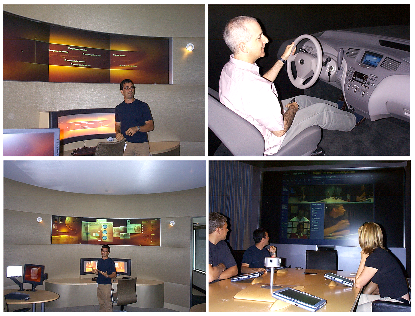 four photos. one of the curved displays, one of the car dashboard, one of a far shot of the curved displays, and one of people sitting at the conference table with ring cam) - all the center for information work.