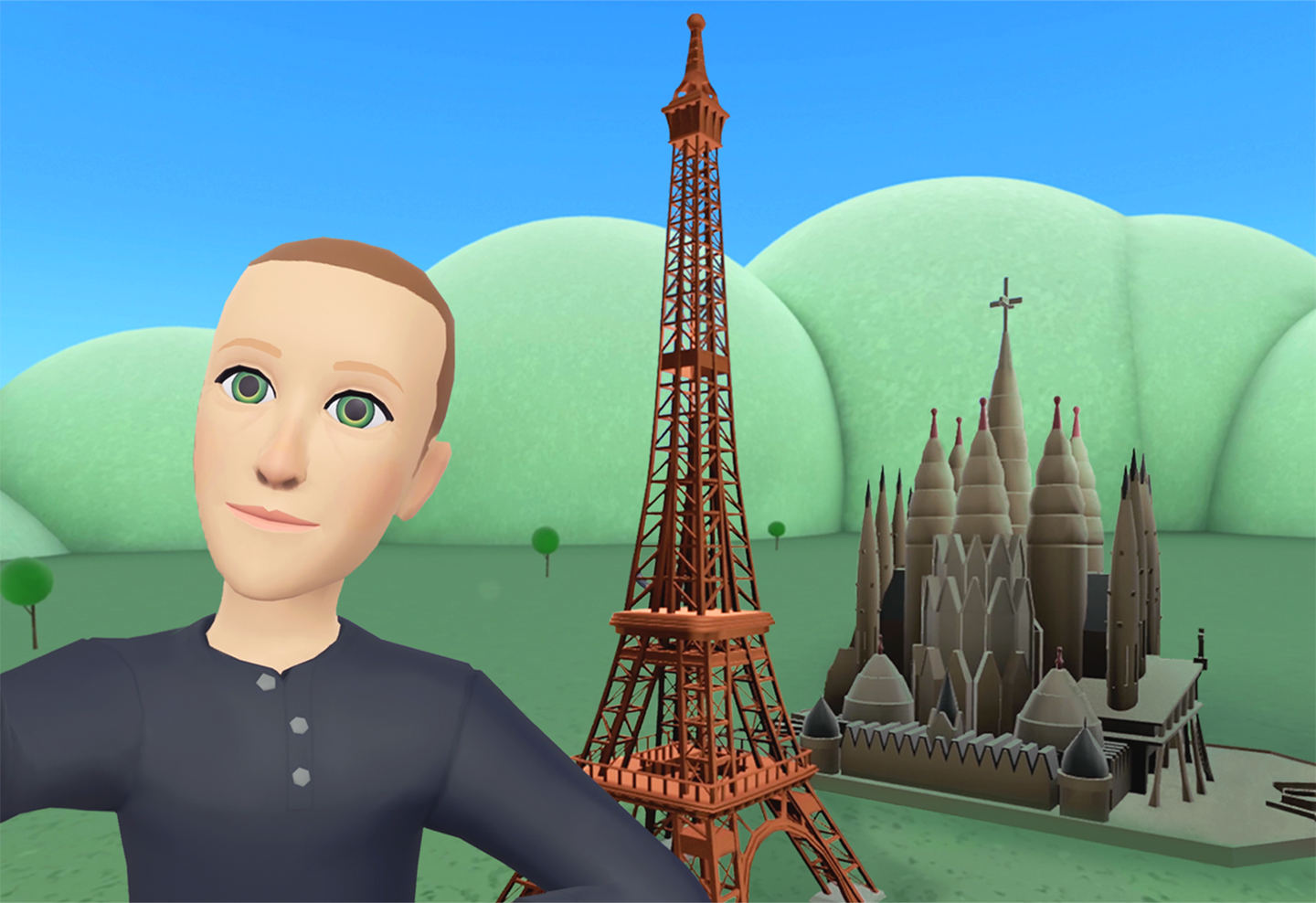 Mark Zuckerberg's avatar next to famous French and Spanish landmarks