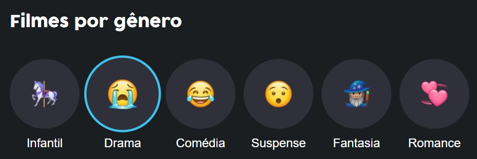 Print da tela da PingPlay com os emojis que separam os filmes por gênero
