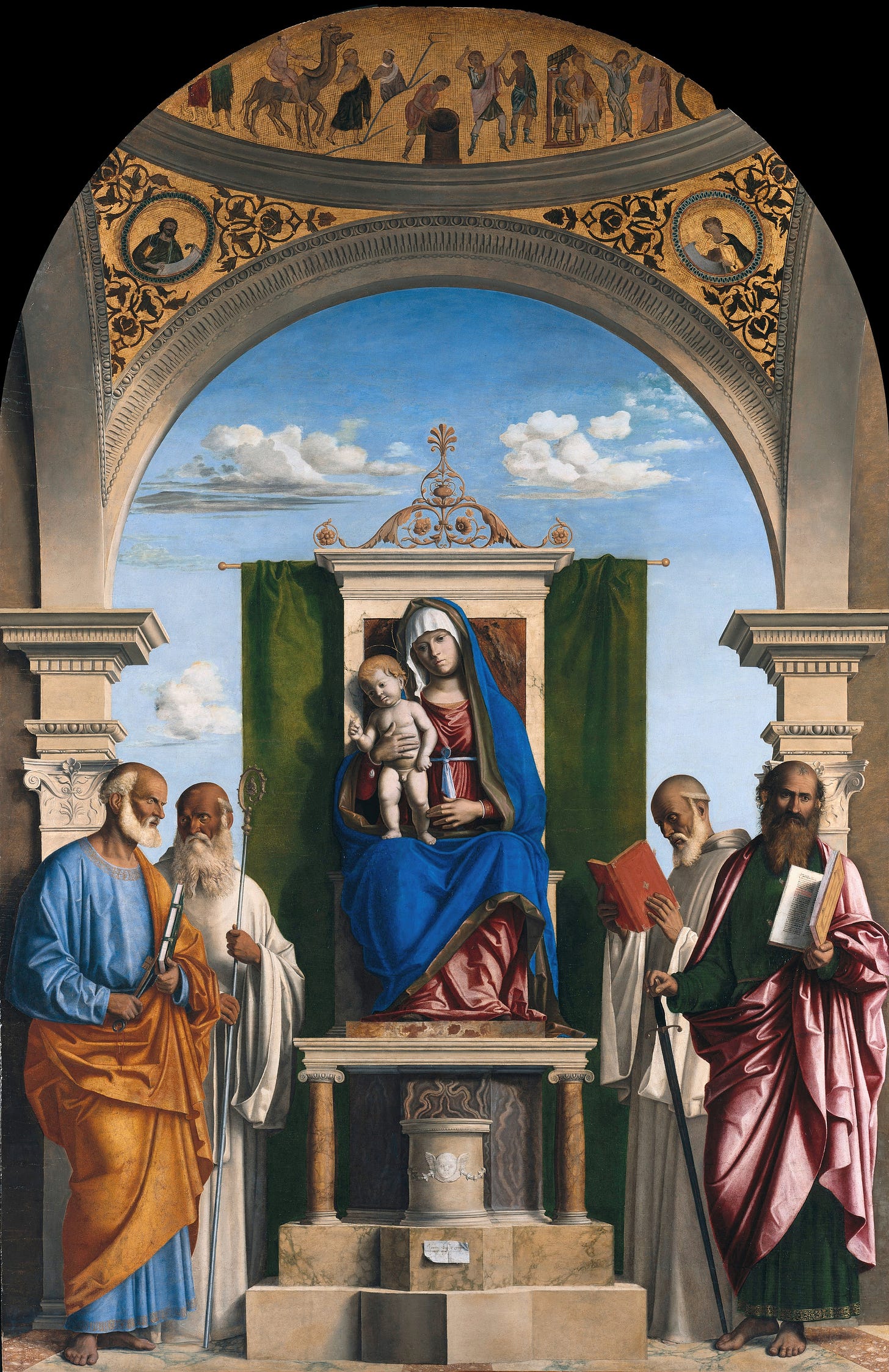 Enthroned Madonna with Child and SS Peter, Romualdus, Benedict and Paul (ca 1495) by Giovanni Battista Cima da Conegliano (Italian, ca. 1459 - 1517)