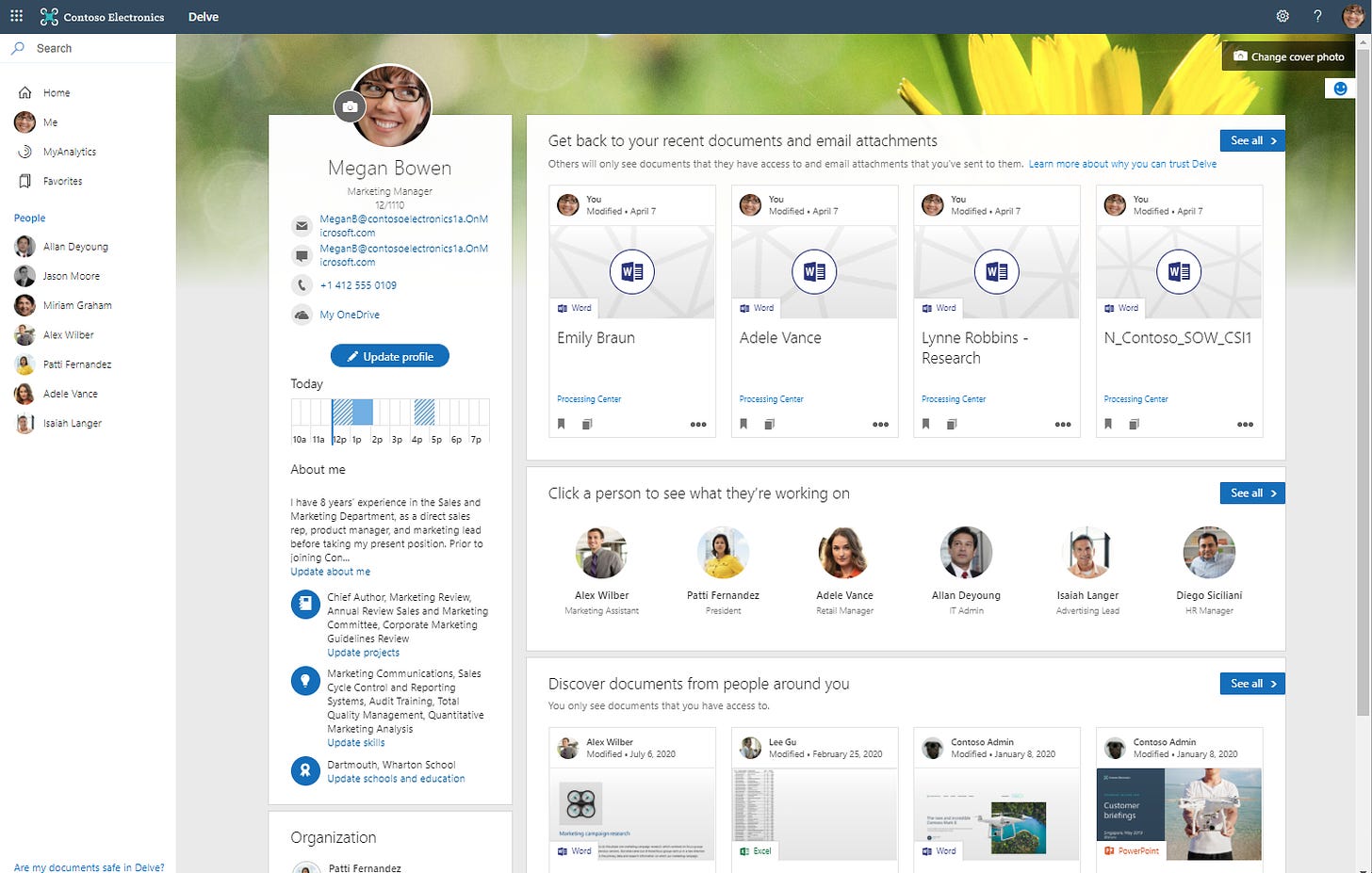 The My Office profile experience displays a person’s contact information, recent documents, their free/busy calendar information, their organization structure, people working around them, and more.