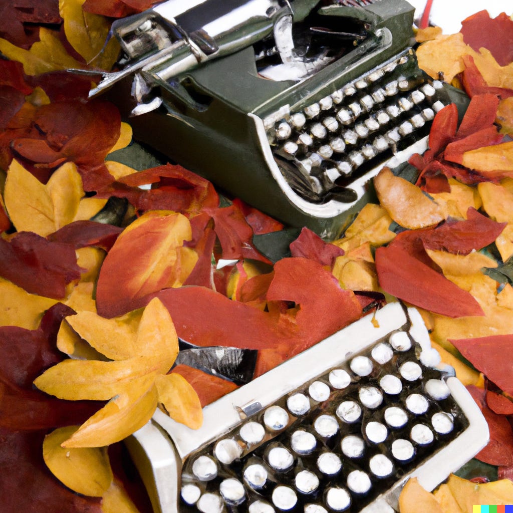 a picture of typewriters in piles of autumn leaves