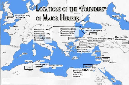 Mappa di Europa Nordafrica e Medio Oriente con le origini dei fondatori delle principali eresie cristiane