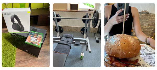 Gaming, workout, and food.