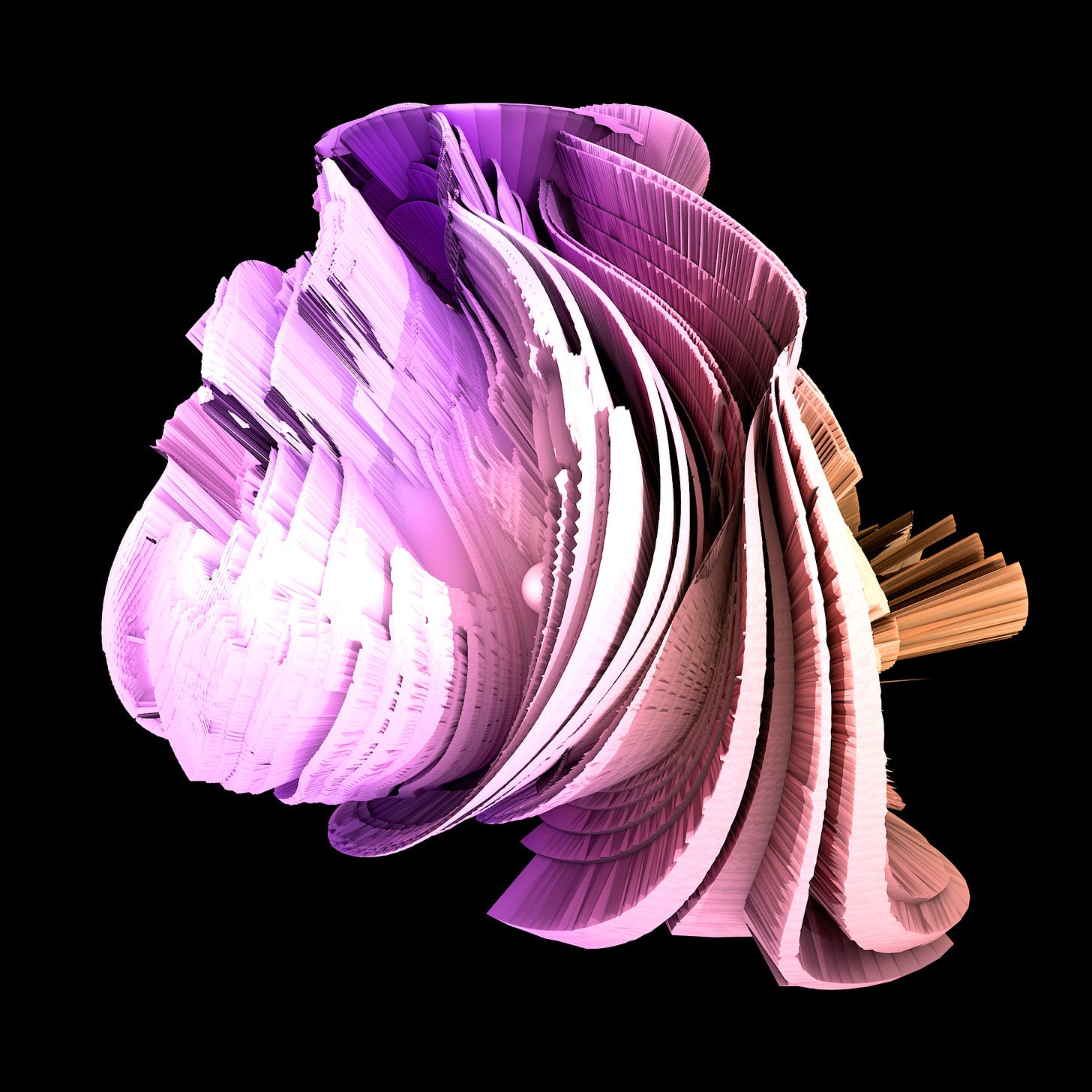 The image is abstract and digital, but looks like a shell with spirals and a lot of detail. It is purple and white with a black background.