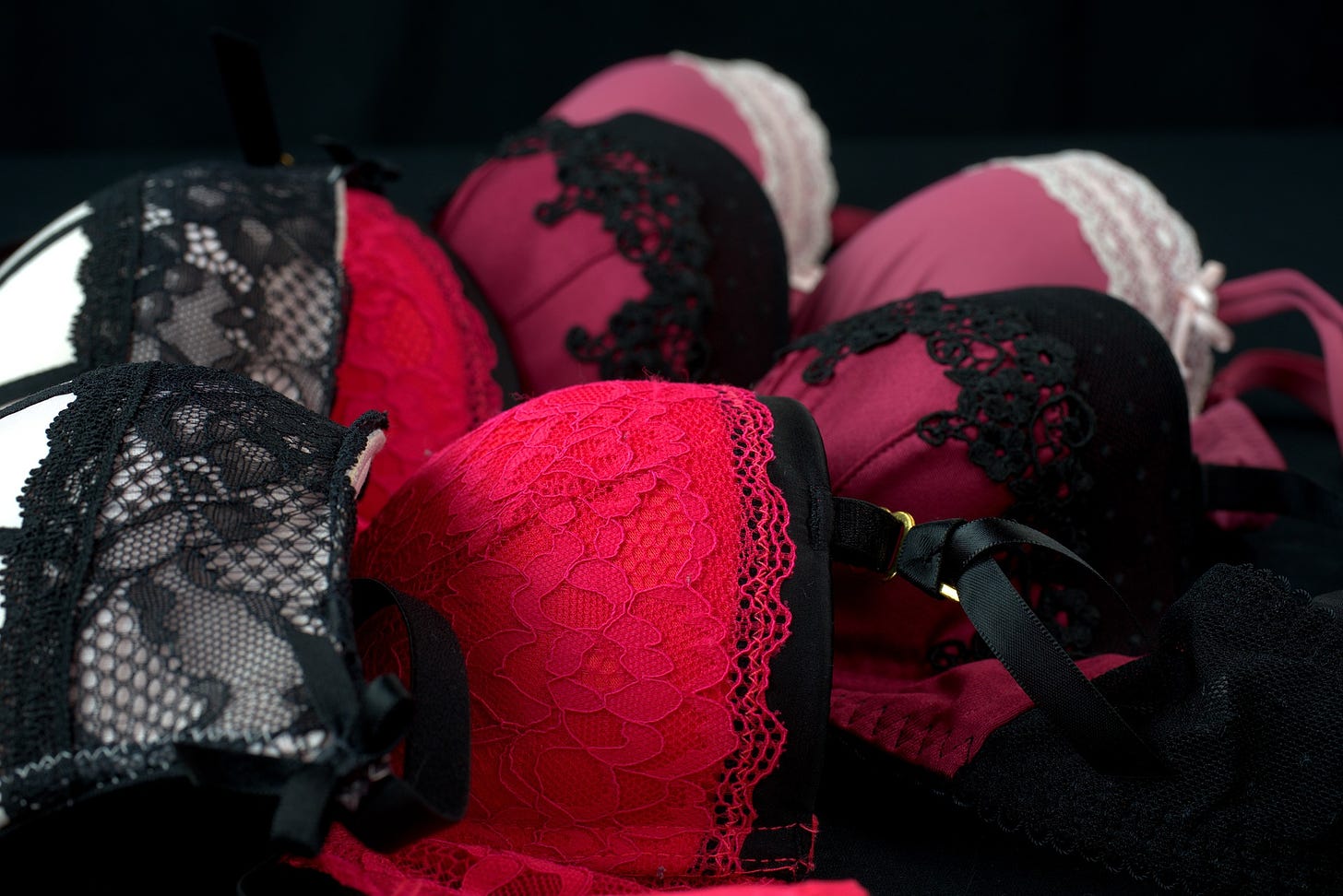 Grouping of colorful bras.