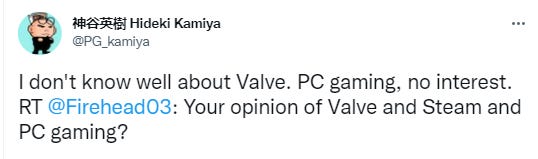 Kamiya: "I don't know well about Valve or PC gaming"