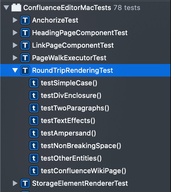 Xcode UI showing RoundTripRenderingTest from Fluency in the test navigator