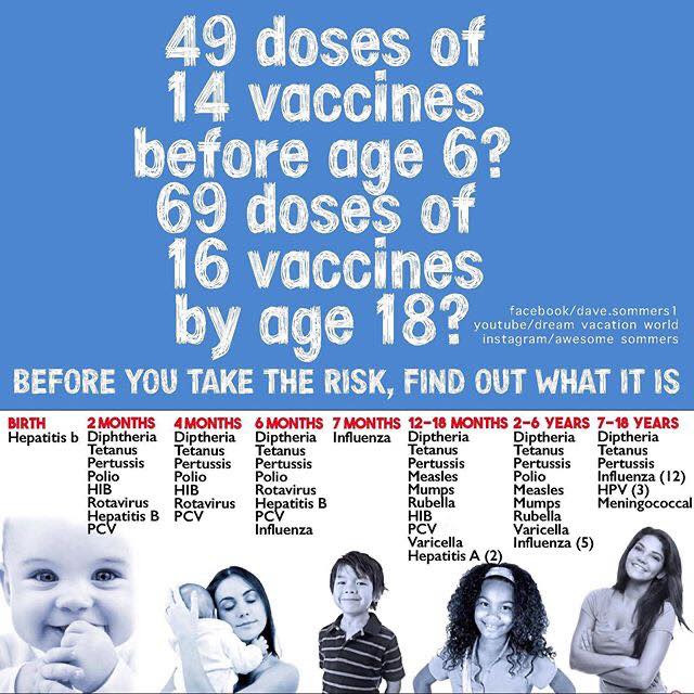 May be an image of text that says '49 doses of 14 vaccines before age 6? 69 doses of 16 vaccines by age 18? instagram awesome sommers facebook/ .sommers1 youtube/ dream vacation BEFORE YOU TAKE THE RISK, FIND OUT WHAT IT IS 4MONTHS 6MONTHS 7MONTHS -18MONTHS 2-6 YEARS YEARS Diptheria Diptheria Influenza Diptheri Diptheria Diptheria etanus Tetanus Tetanus Tetanus Tetanus (12) Meningococcal BIRTH Hepatitis 2MONTHS Diphtheria etanus Pertussis Rotavirus Hepatitis Rotavirus Rotavirus Hepatitis Influenza Mumps Rubella Measles Rubella Varicella Influenza Varicella'