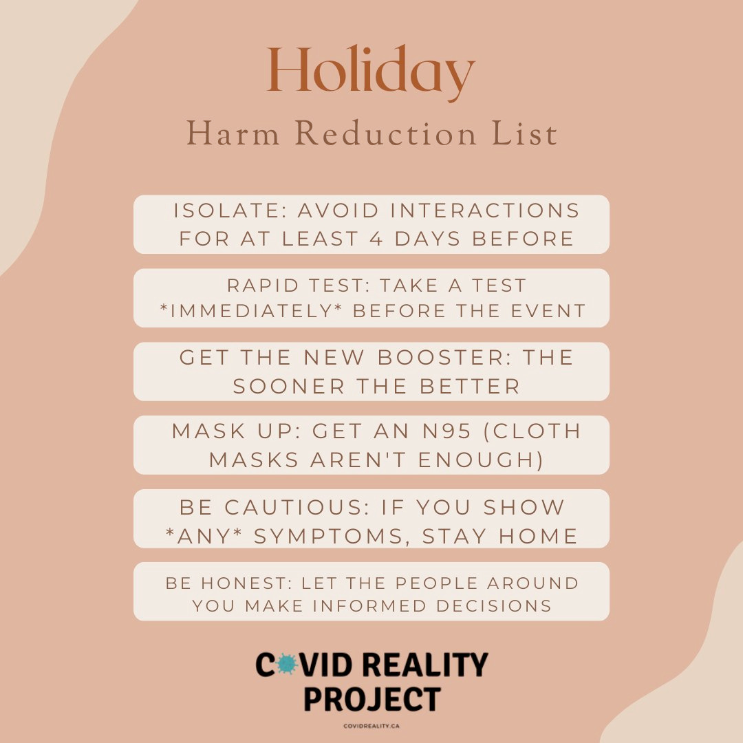 A list of actions people can take to reduce covid risk when gathering for the holiday. The list is: Isolate: avoid interactions for at least 4 days before Rapid test: Take a test *immediately* before the event Get the new booster: the sooner the better Mask up: get an n95 (cloth masks aren't enough) BE cautious: if you show *any* symptoms, stay home Be honest: let the people around you make informed decisions