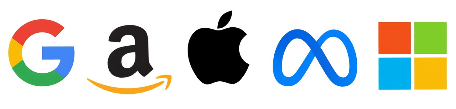 The logos of the 'Big Five' tech companies: Apple, Facebook, Google, Amazon, and Microsoft.