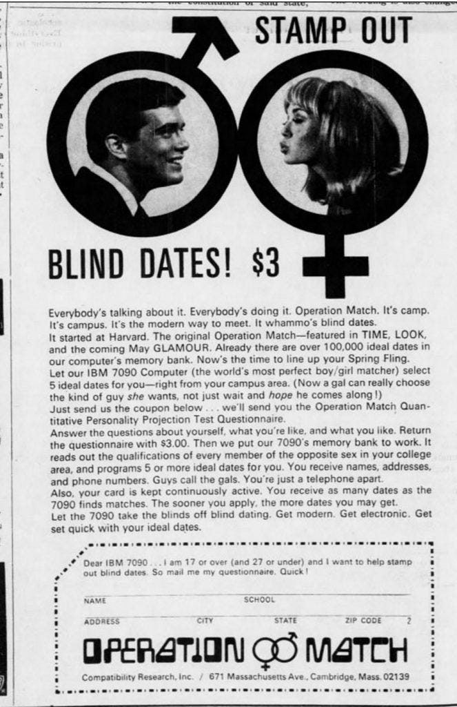 Operation Match ad from the Daily Tar Heel, 20 April 1966.