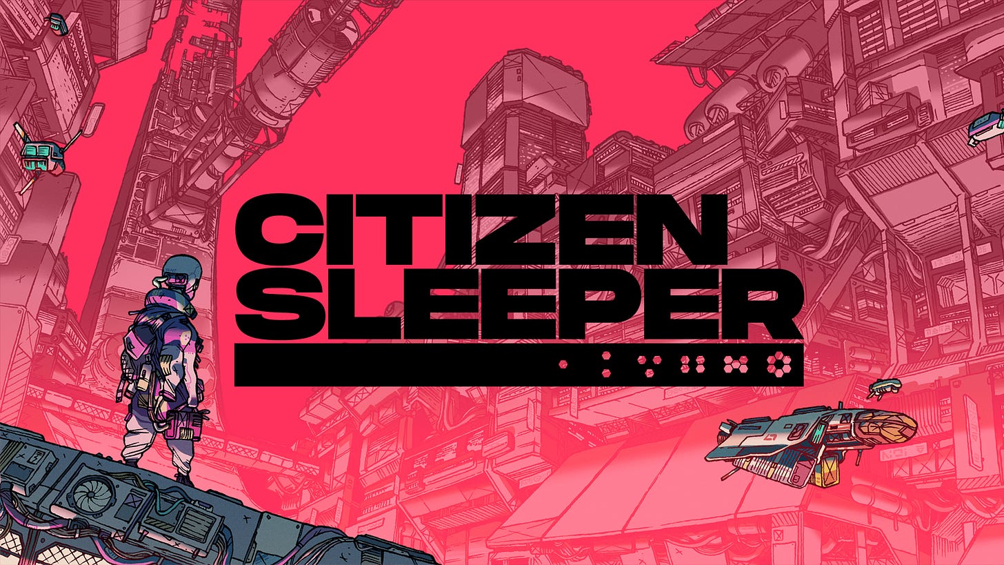 The logo for Citizen Sleeper, featuring the game's protagonist looking out at the station they now live on.