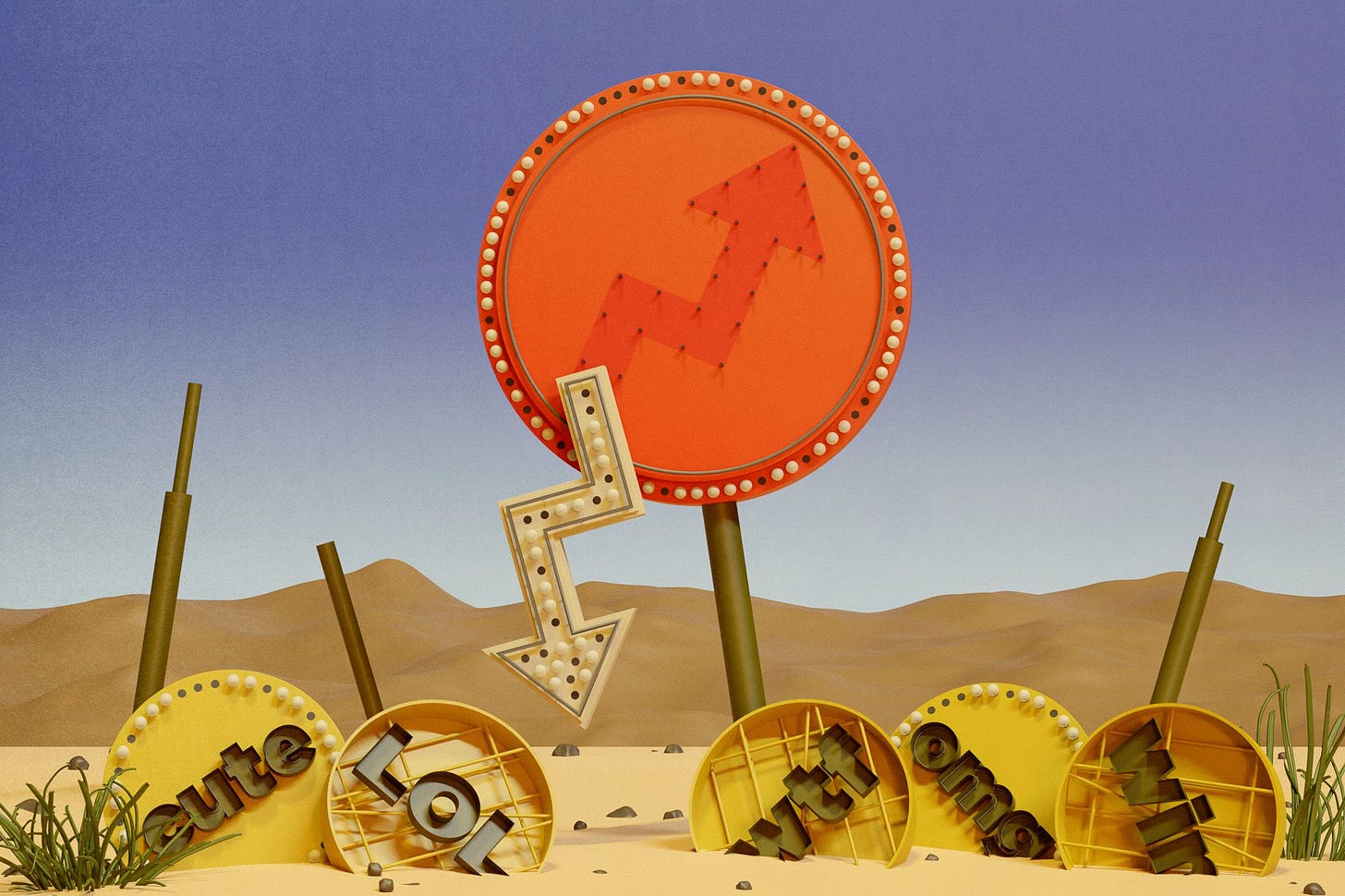 An illustration of broken carnival-style signposts being consumed by sand dunes, with broken signs reading “CUTE,” “LOL,” “wtf” and so forth lying half buried in the sand.