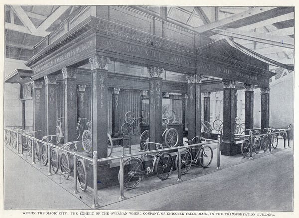 "Devoted to all the devices that save the legs and arms of man from labor and fatigue," the Transportation Building made sure to show off corporations like Overman, a Massachusetts-based bicycle manufacturer that The Illustrated American called "the most attractive and artistic in this department, combining as it does simplicity, taste, and solid worth."[13]    