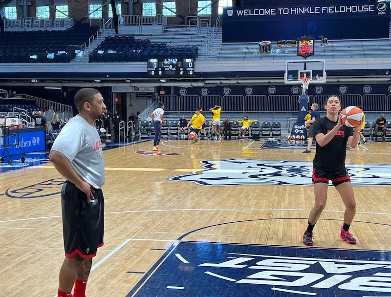 Las Vegas Aces assistant coach Tyler Marsh on the court prior to their game at Hinkle Fieldhouse against the Indiana Fever.