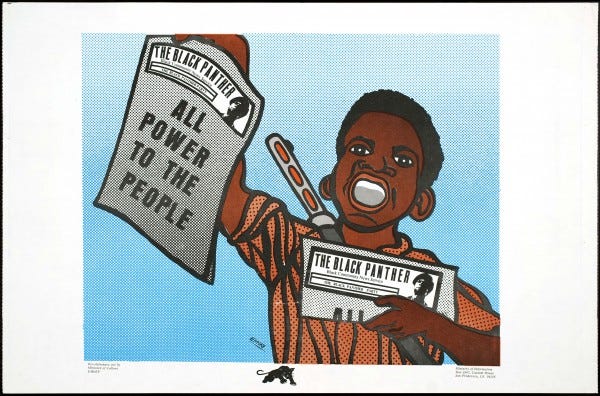 This is a photograph of a poster that shows an African American man carrying copies of the Black Panther newspaper, and is wearing a gun strapped to his back. The headline on the Black Panther newspaper reads, All Power to the People.” The poster’s design and text was created by the Minister of Culture, and the Ministry of Information of the Black Panther Party.