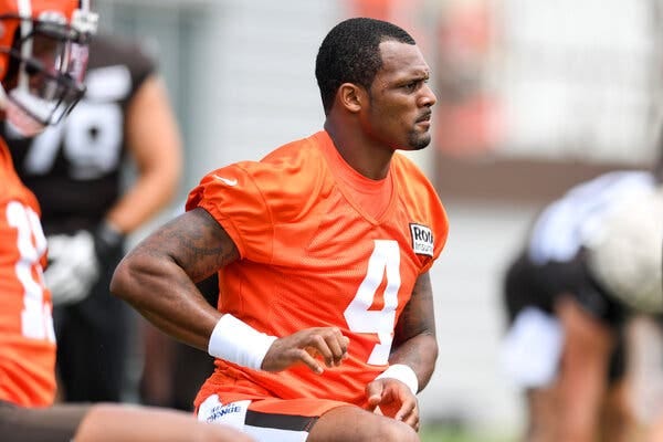 Deshaun Watson participated in the Cleveland Browns’ training camp on Monday after an arbiter suspended him for the first six games of the N.F.L. regular season.
