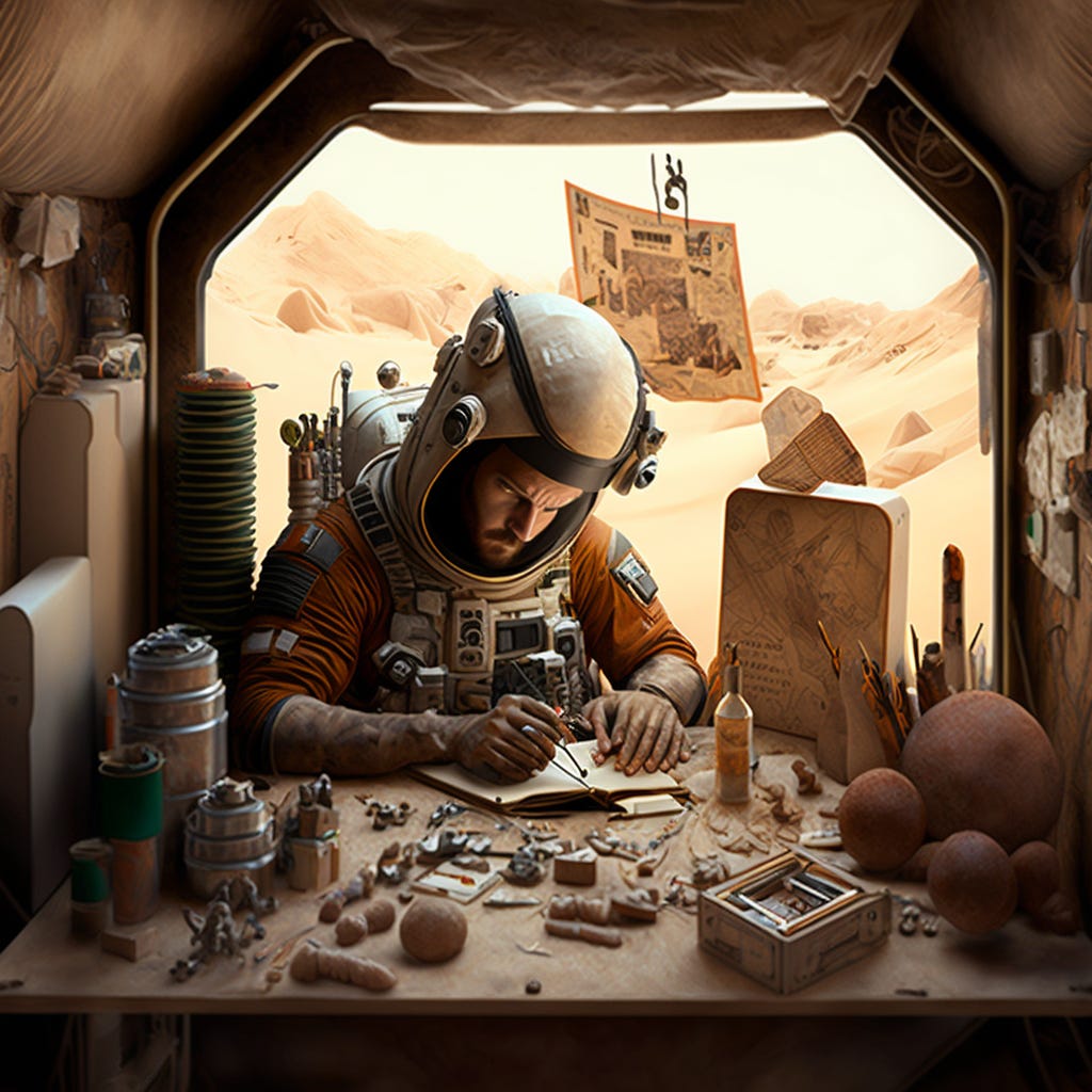 Mark Watney, "from the film The Martian", who is stranded on Mars after a mission gone awry, might decorate his habitat with Christmas decorations made from materials he has available to him. He might also try to celebrate the holiday in other ways, such as listening to Christmas music or cooking a special meal