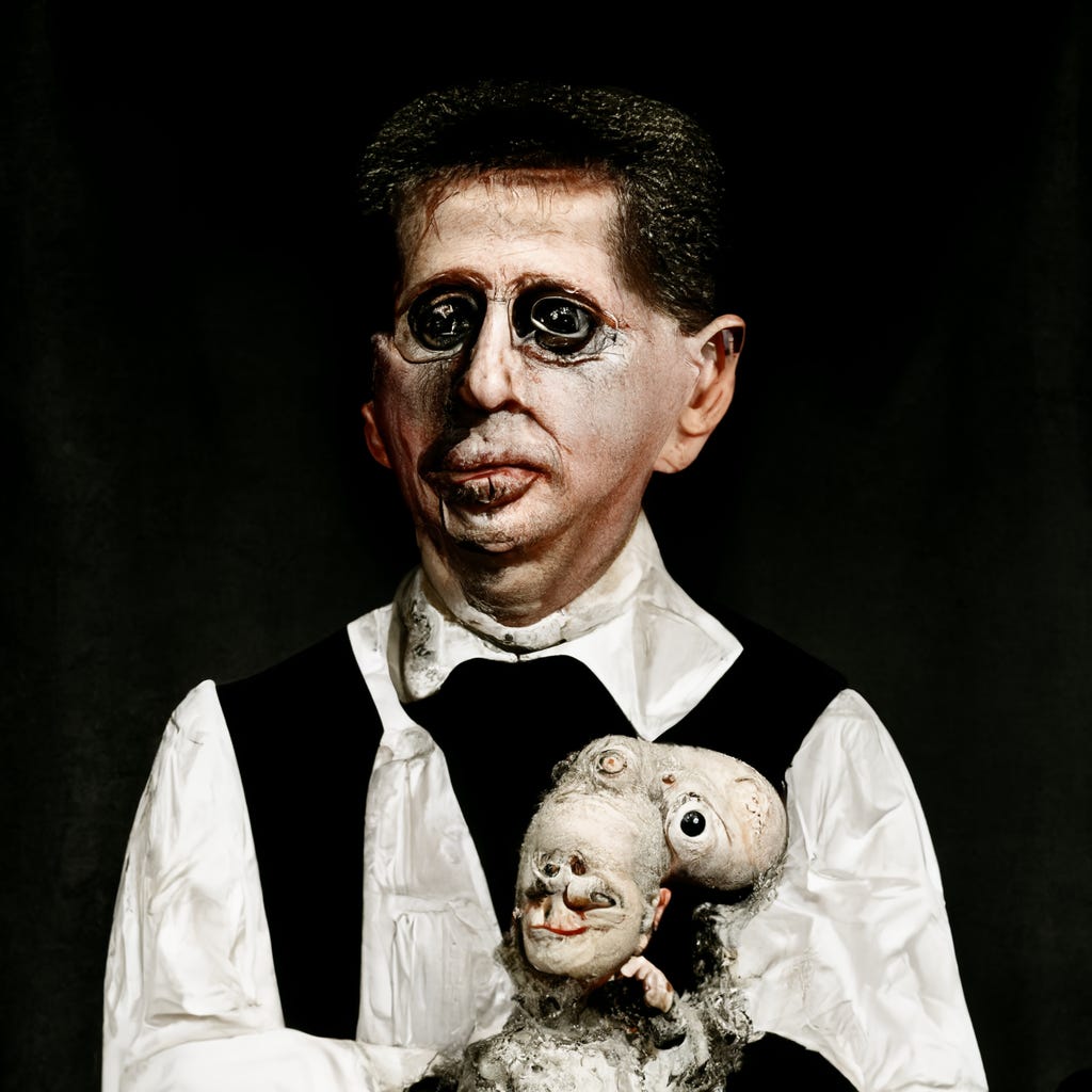 Thomas Ligotti as a stage magician with a ventriloquist dummy.