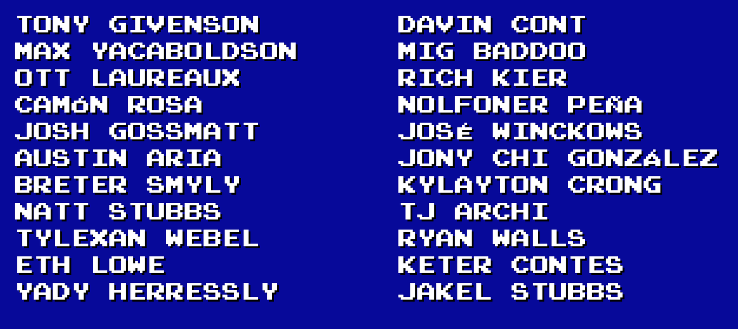 A blue background with a pixelated white list of names, all slightly cursed. For example: “BRETER SMYLY” and “JAKEL STUBBS.” It’s a one-page web app that generates lists of absurd names in the style of the famous 1995 Nintendo game “Fighting Baseball.”