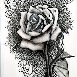 rose and thorns, intertwined, pen-and-ink<br>