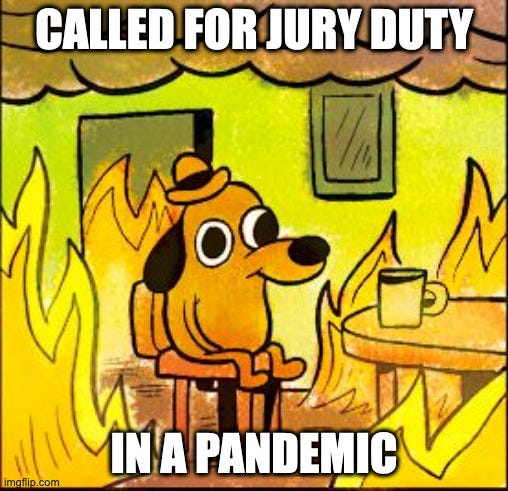 This is fine dog meme, the dog sitting in the burning room and the caption reads called for jury duty in a pandemic